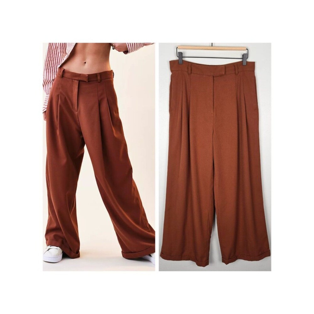 Free People Lyla Trousers Wide Leg Pants Low Rise Slouchy Pleated Brown Size 6